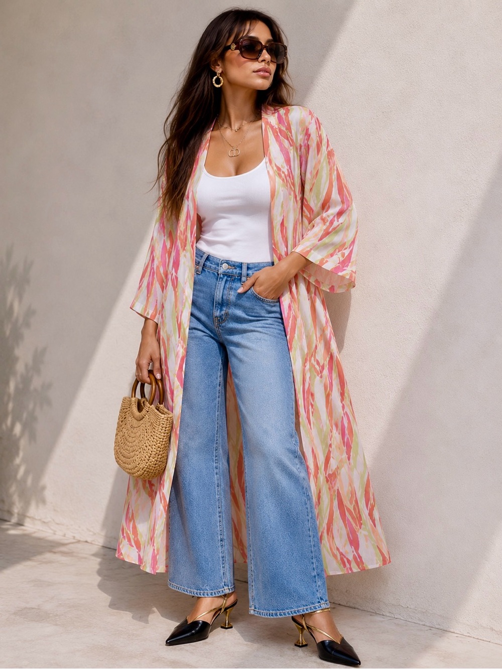 Boho Abstract Swirl Print Maxi Kimono Duster Cardigan Coral Green Sz S - Picture 3 of 4